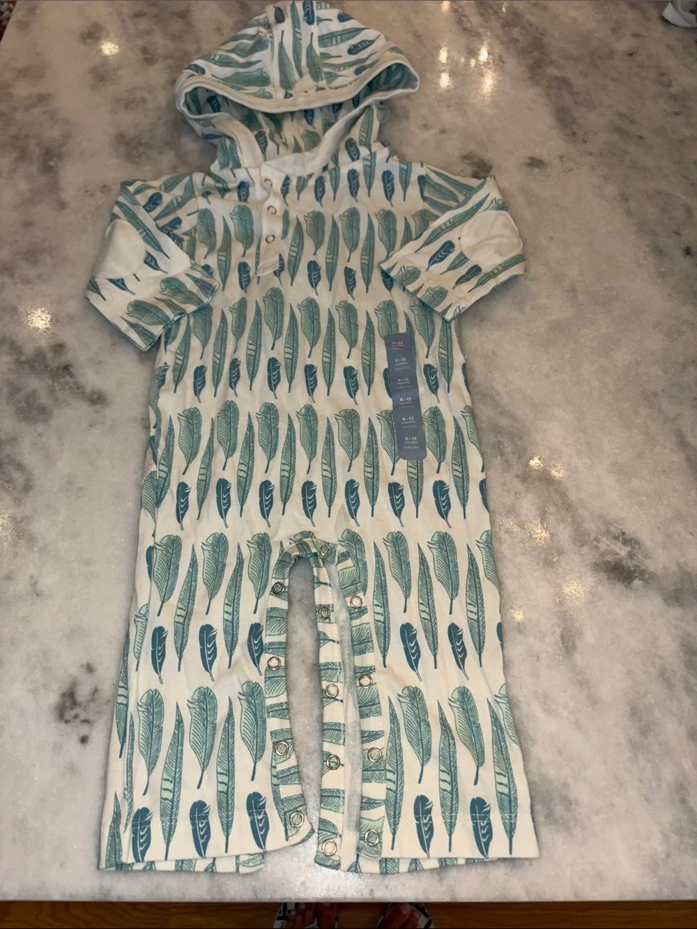 kate quinn Hooded Baby Romper in Teal and Aqua Feather Print